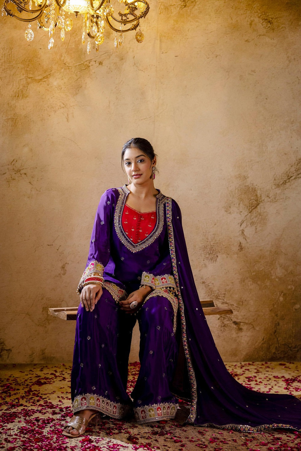 Violet Chinon Kurti Plazo 3 Pieces Set