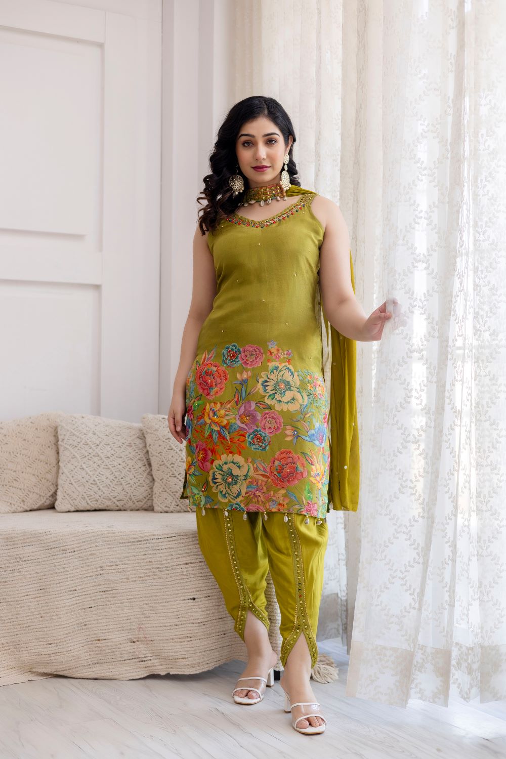 Light Green Strap Kurti With Dhoti And Dupatta