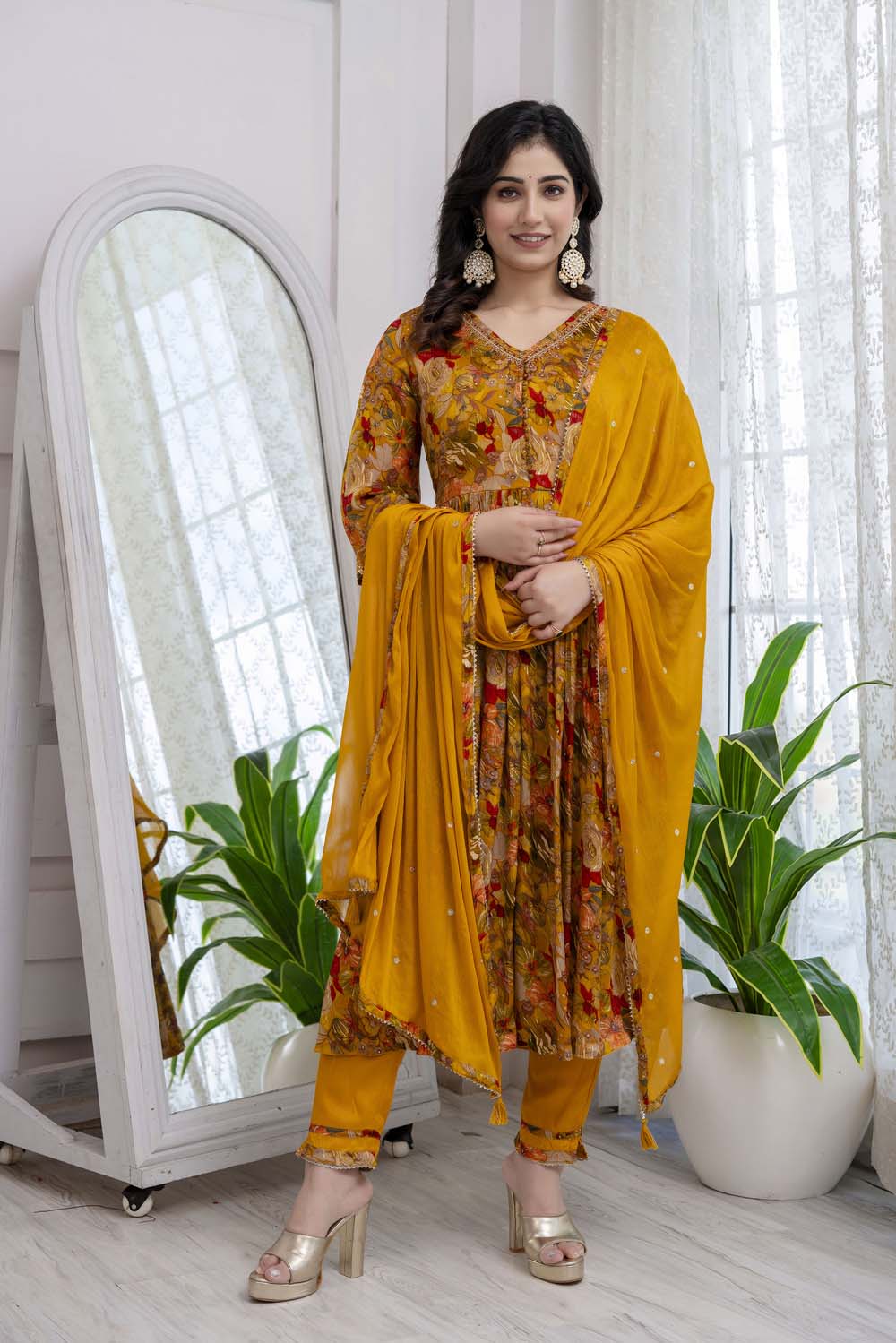 Mustard Chinon Naira Cut Kurti 3 Pieces Set