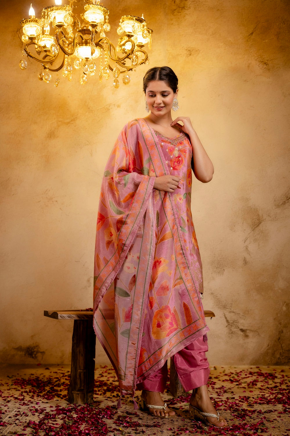 Pink Shimmer Printed Kurti 3 Pieces Set