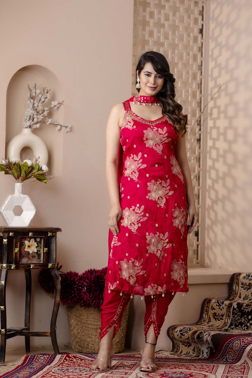 M Pink Chinon Strap Kurti 3 Pieces Set