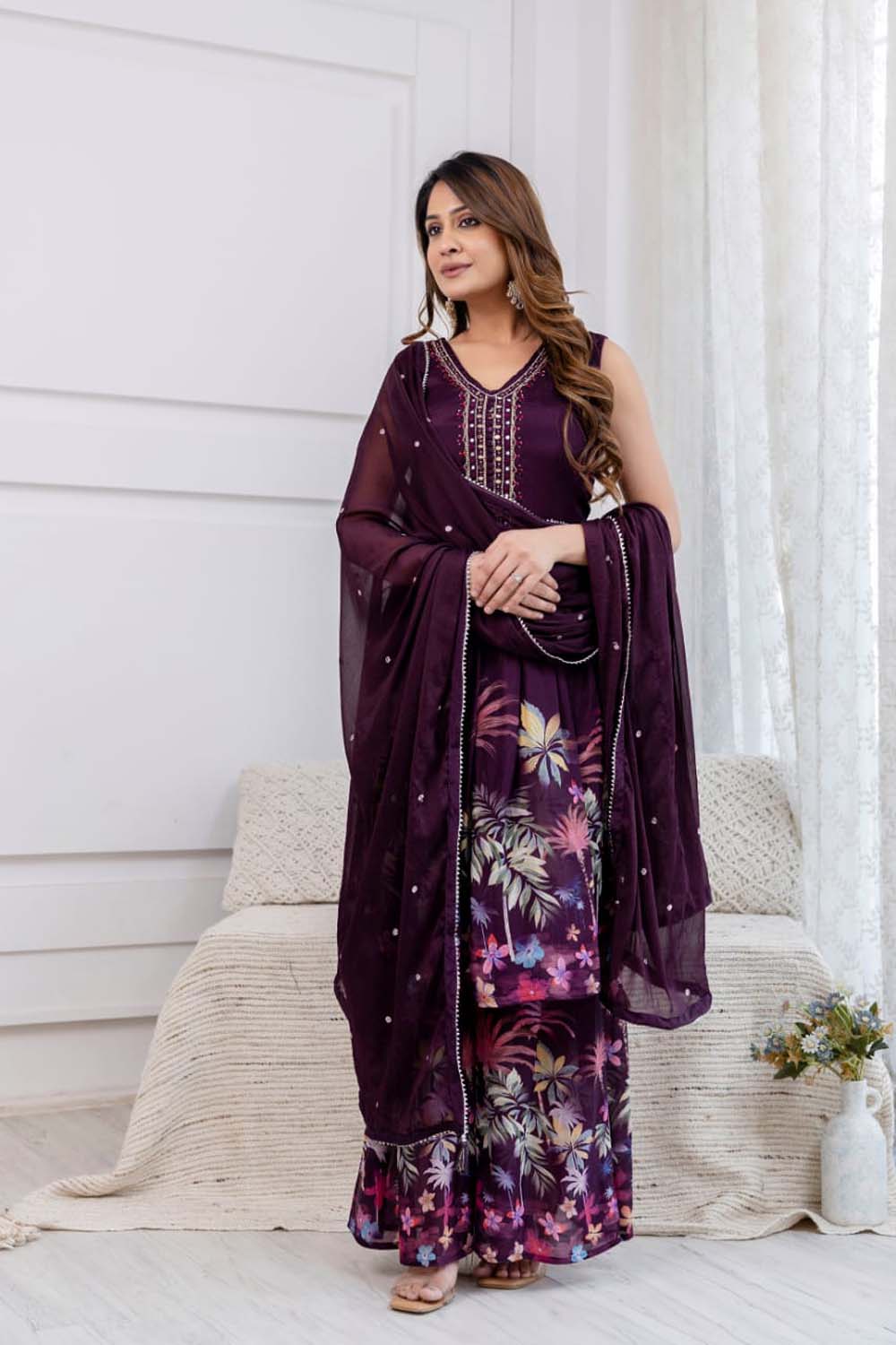 Kaira Dark Wine Partyqueen Poplon Kurti Plazo Dupatta Set