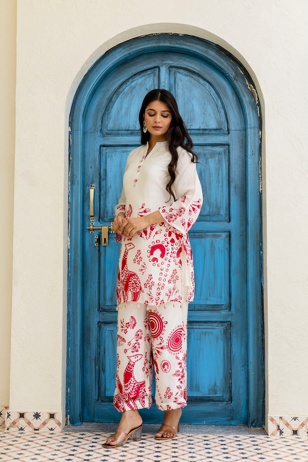 Half White Chinon Kurti Pant Set