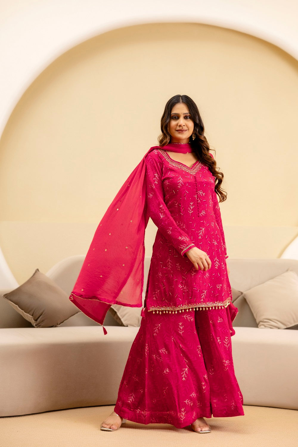 Dark Pink Chinon Short Kurti 3 Pieces Set