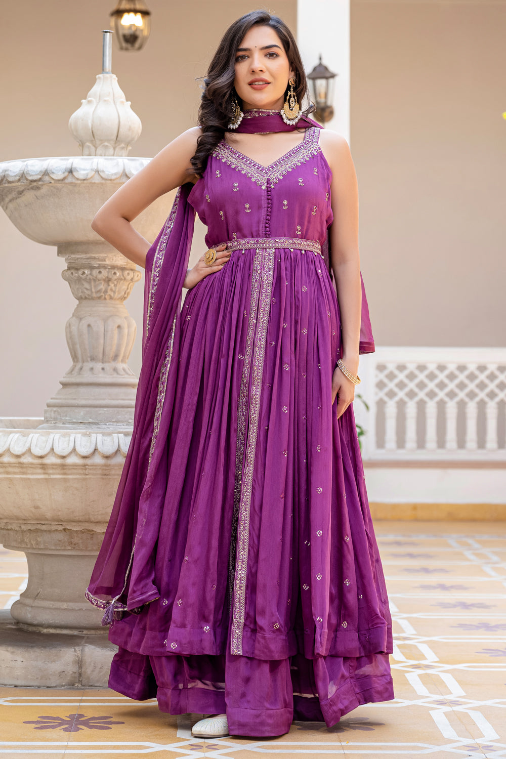 Violet Chinon Front Open Kurti 3 Pieces Set