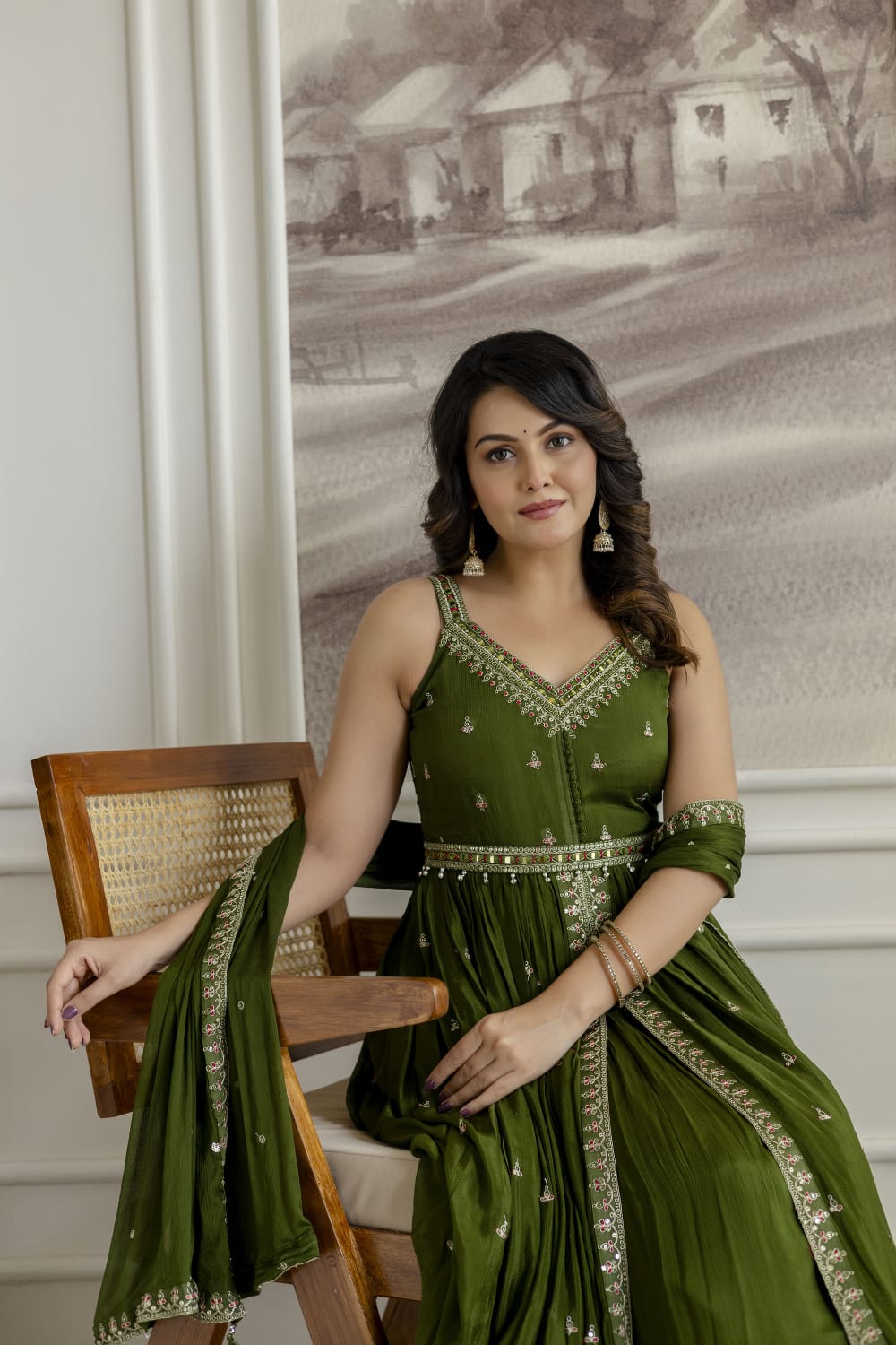 Mehandi Green Chinon Kurti 3 Pieces Set