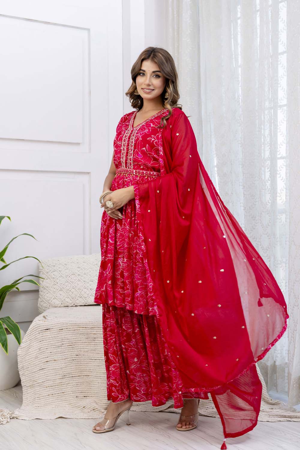 Rani Pink Pure Chinon Printed Poplon Kurti 3 Pieces Set