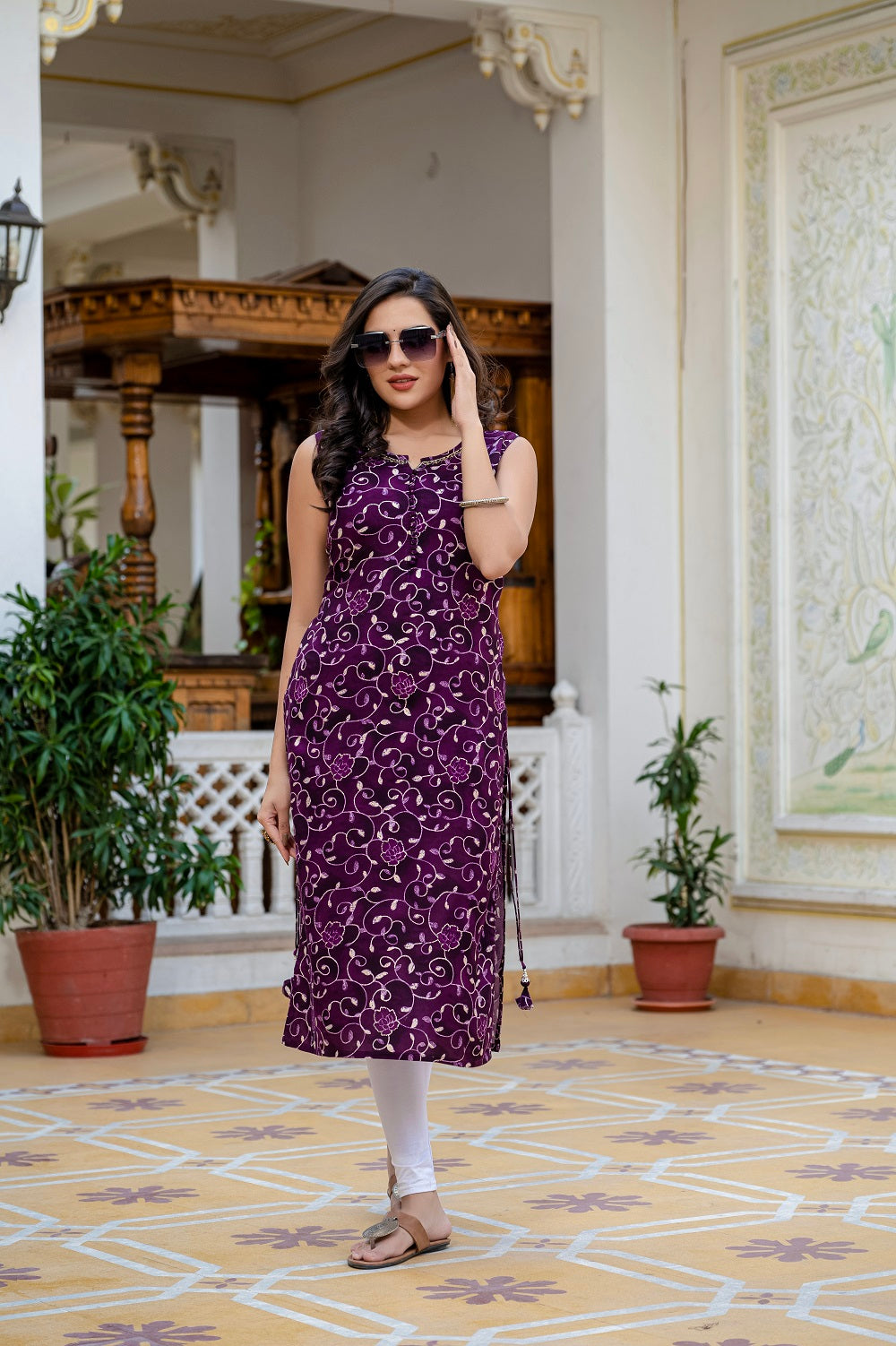 Voilet Printed Partyqueen Straight Cut Kurti