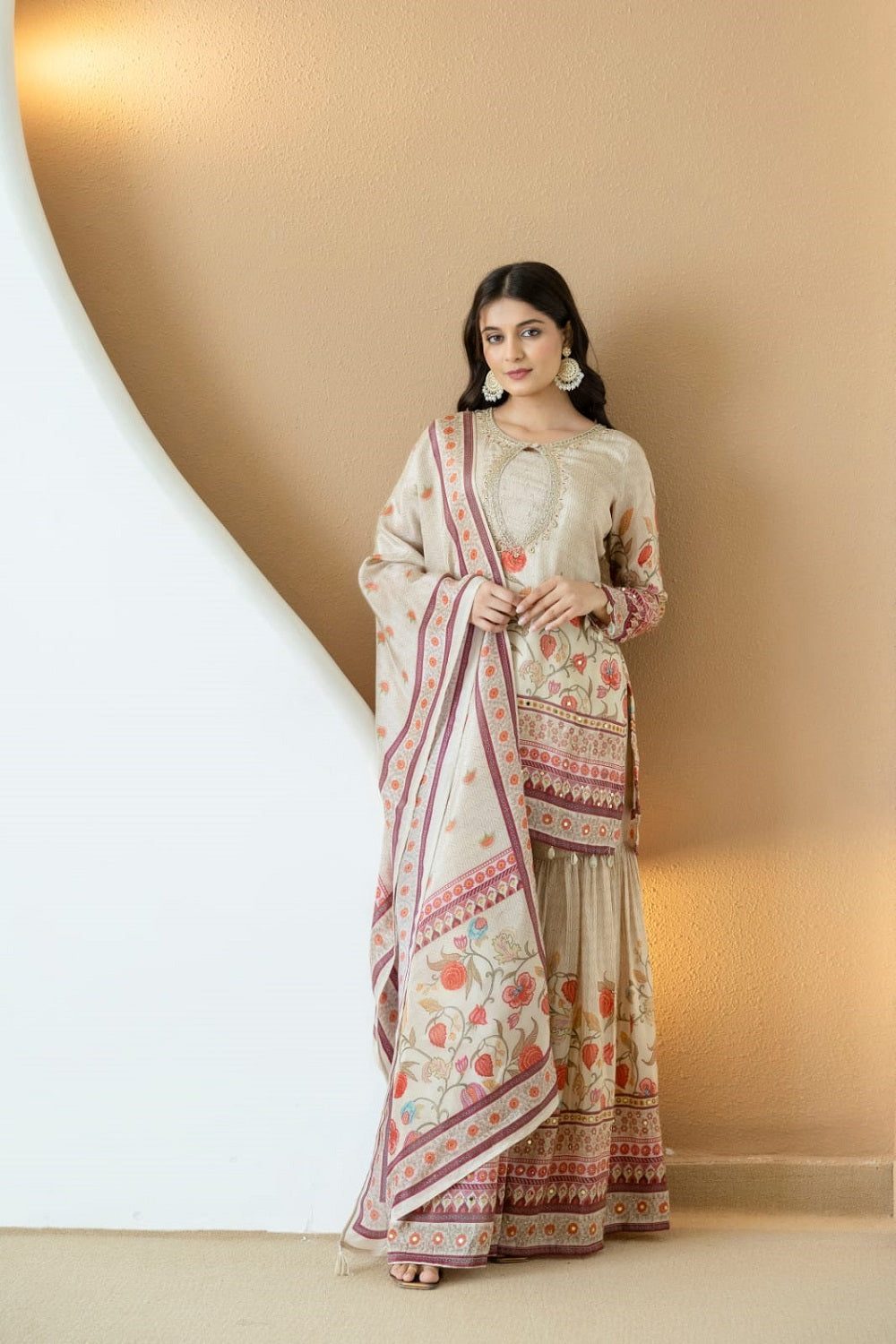 Buff Silk Kurti Sharara 3 Pieces Set