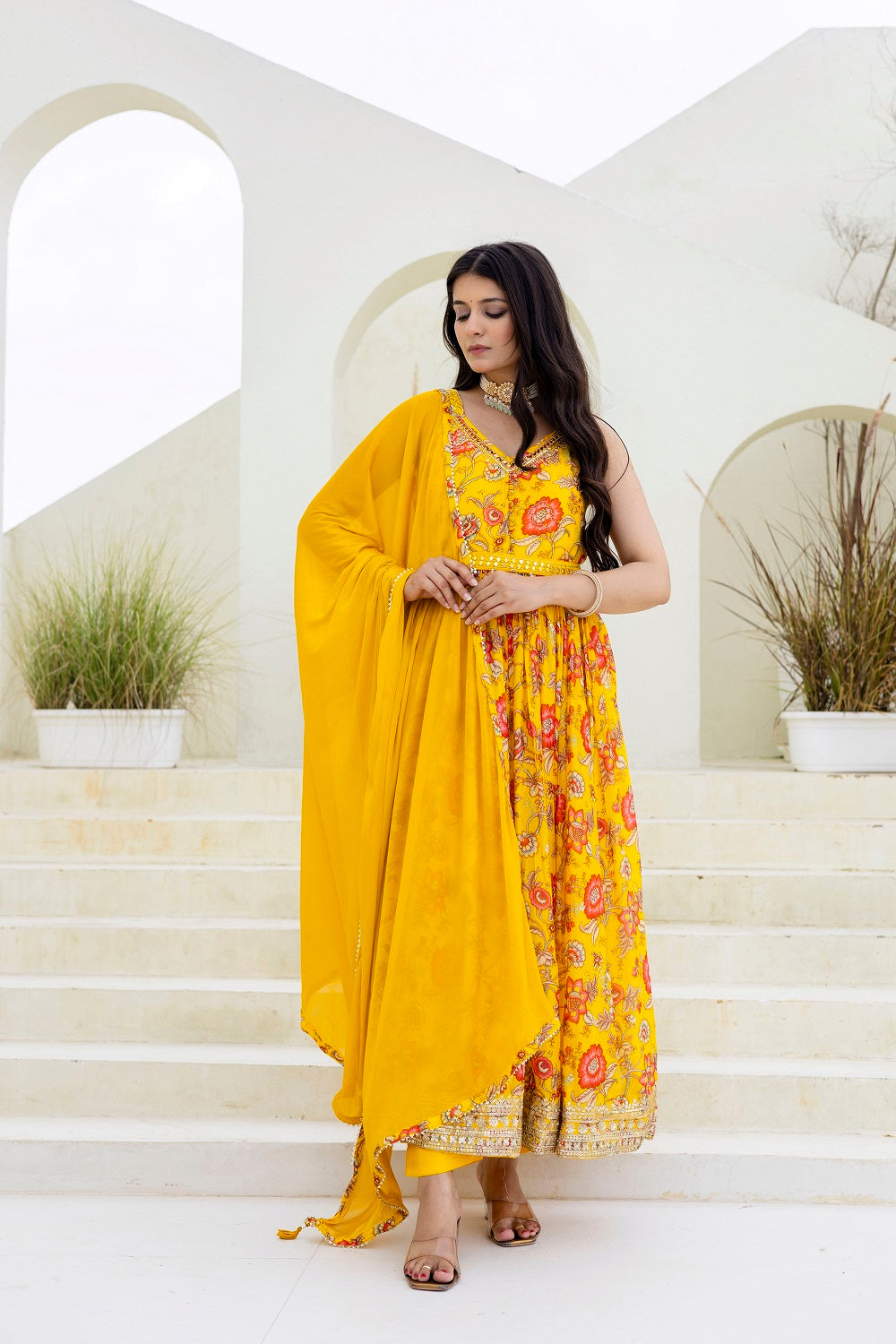 Yellow Chinon Frock Kurti 3 Pieces Set