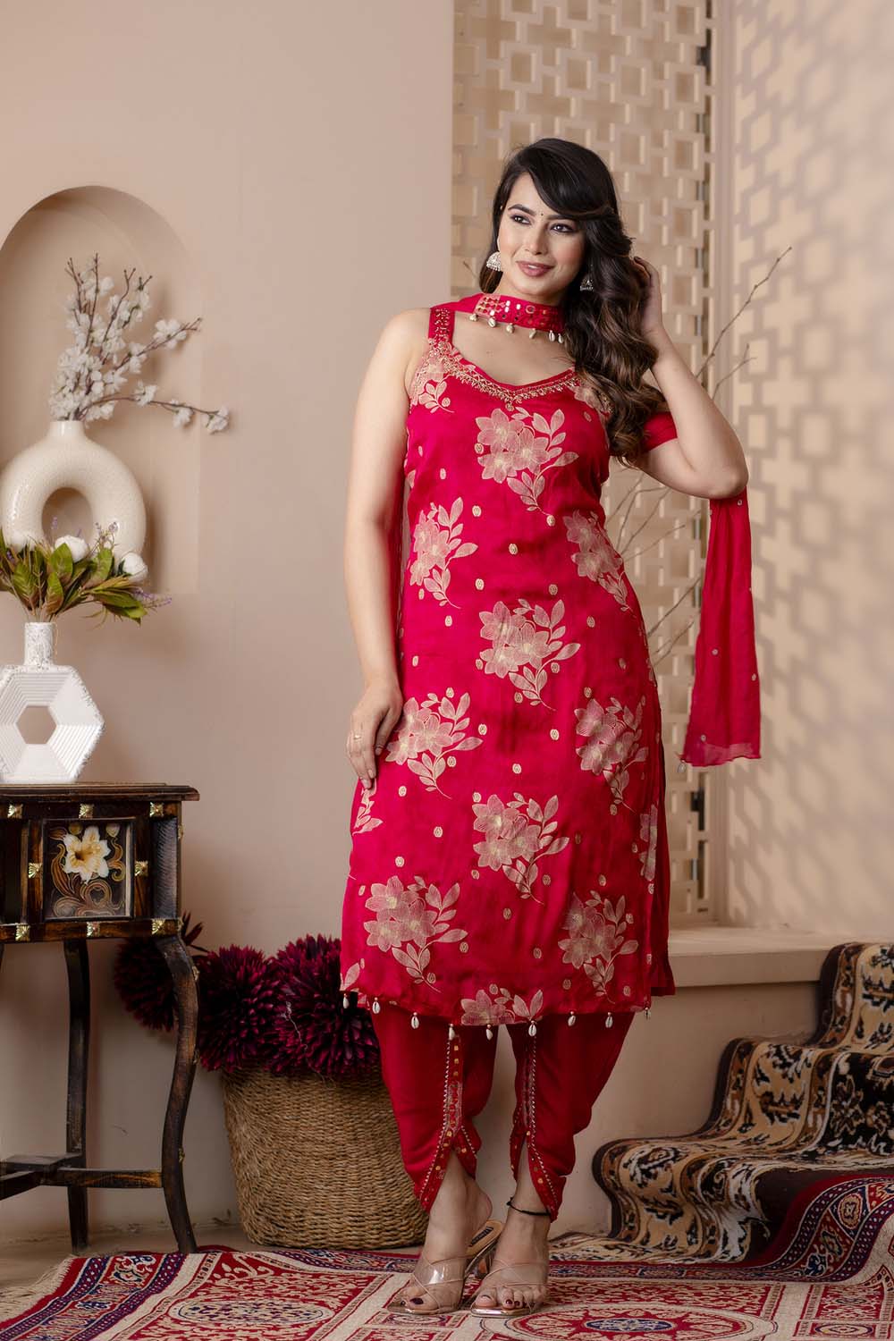 M Pink Chinon Strap Kurti 3 Pieces Set