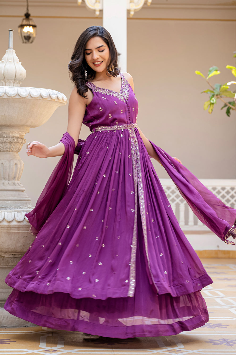 Violet Chinon Front Open Kurti 3 Pieces Set
