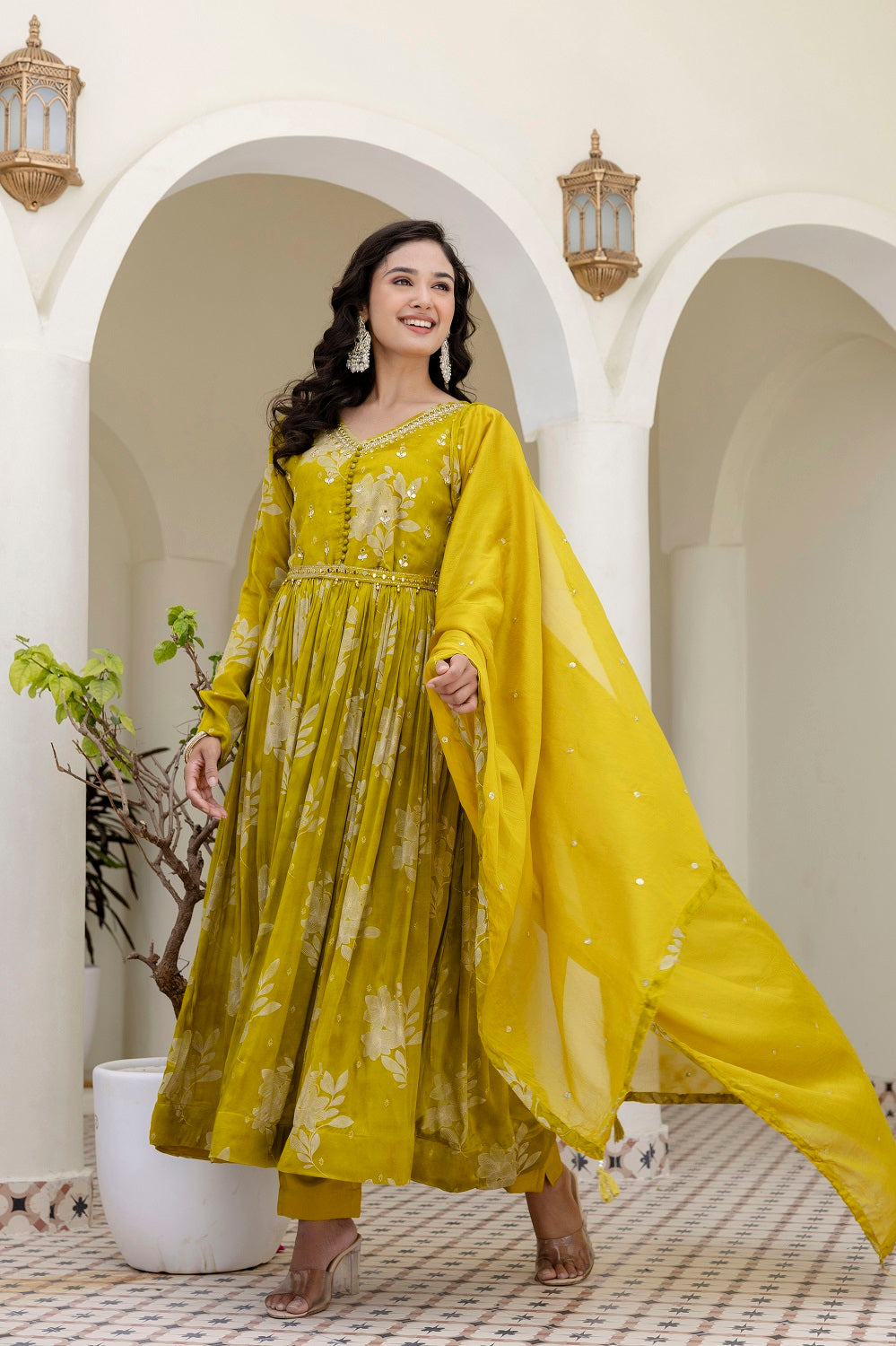 M Green Chinon Frock Kurti 3 Pieces Set