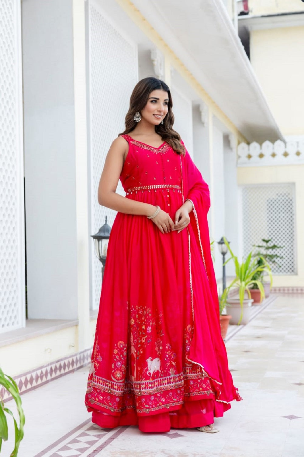 Rani Pink Chinon Skirt Kurti 3 Pieces Set