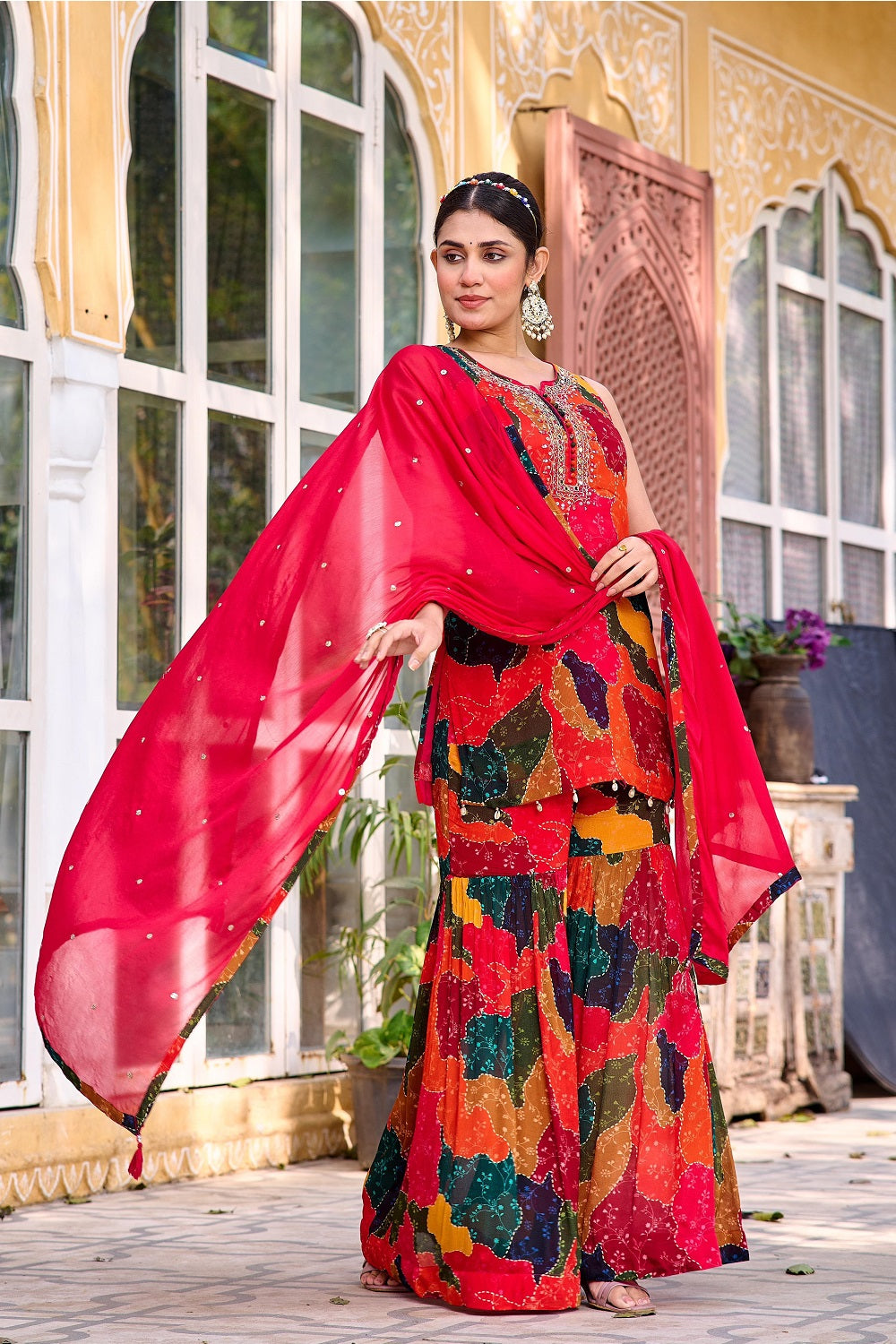 Multi Color Chinon Short Kurti 3 Pieces Set