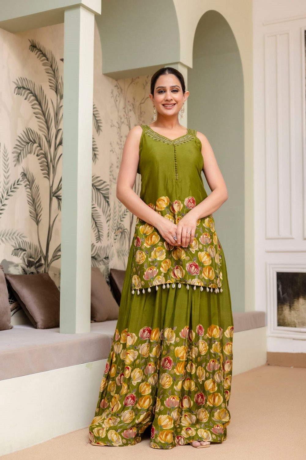 M Green Silk Kurti Sharara 3 Pieces Set