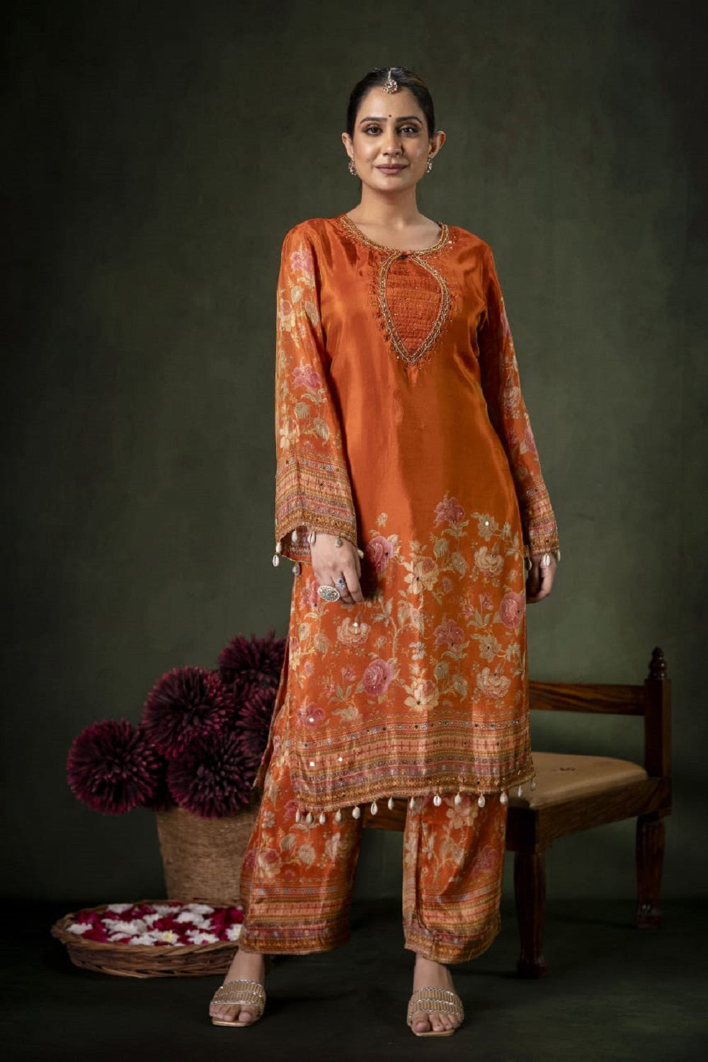 Rust Shimmer Kurti 3 Pieces Set