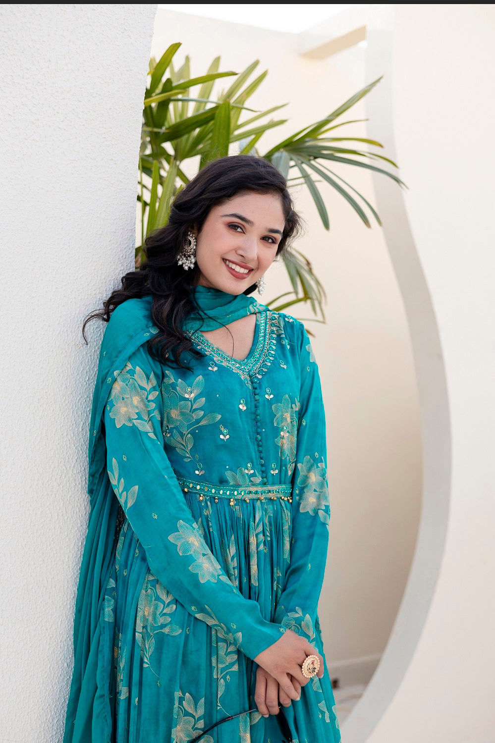 Rama Green Chinon Frock Kurti 3 Pieces Set