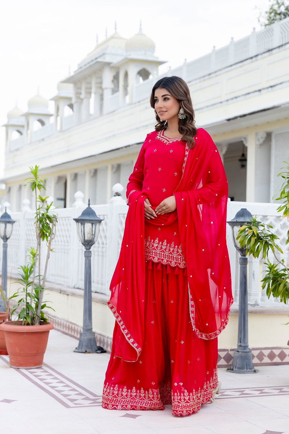 Rani Pink Chinon Skirt Kurti 3 Pieces Set