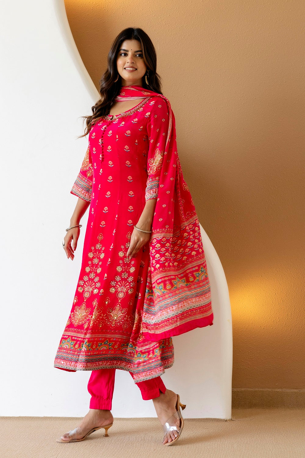 Rani Pink Crepe Frock Kurti 3 Pieces Set