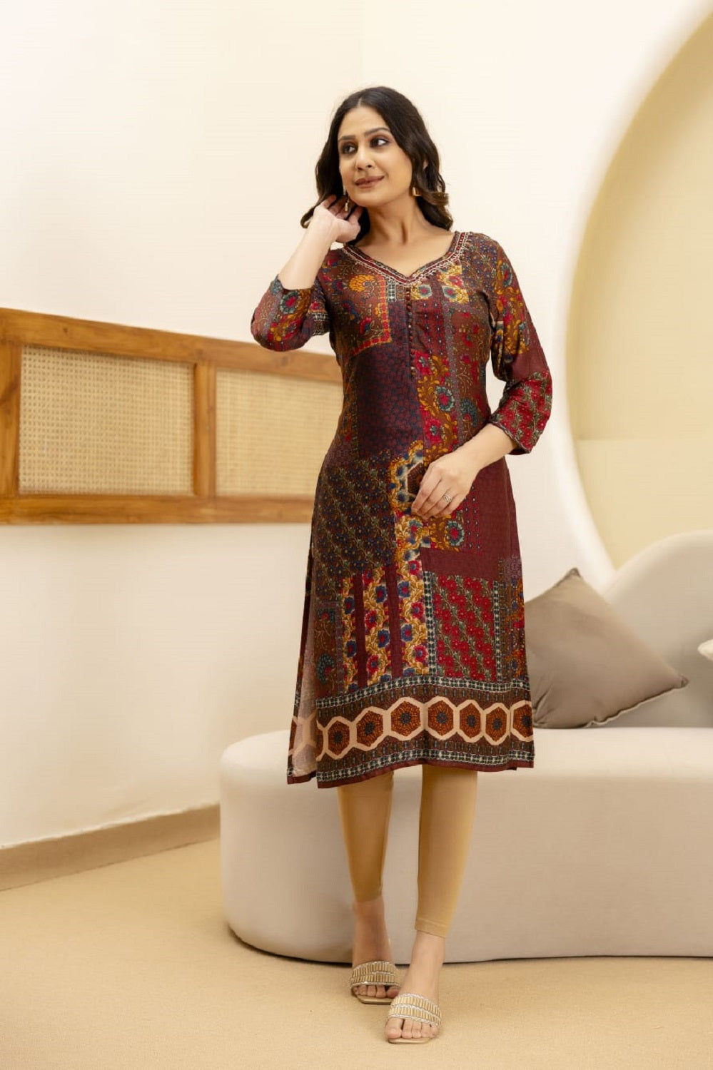 Brown Rayon Printed Straight Kurti