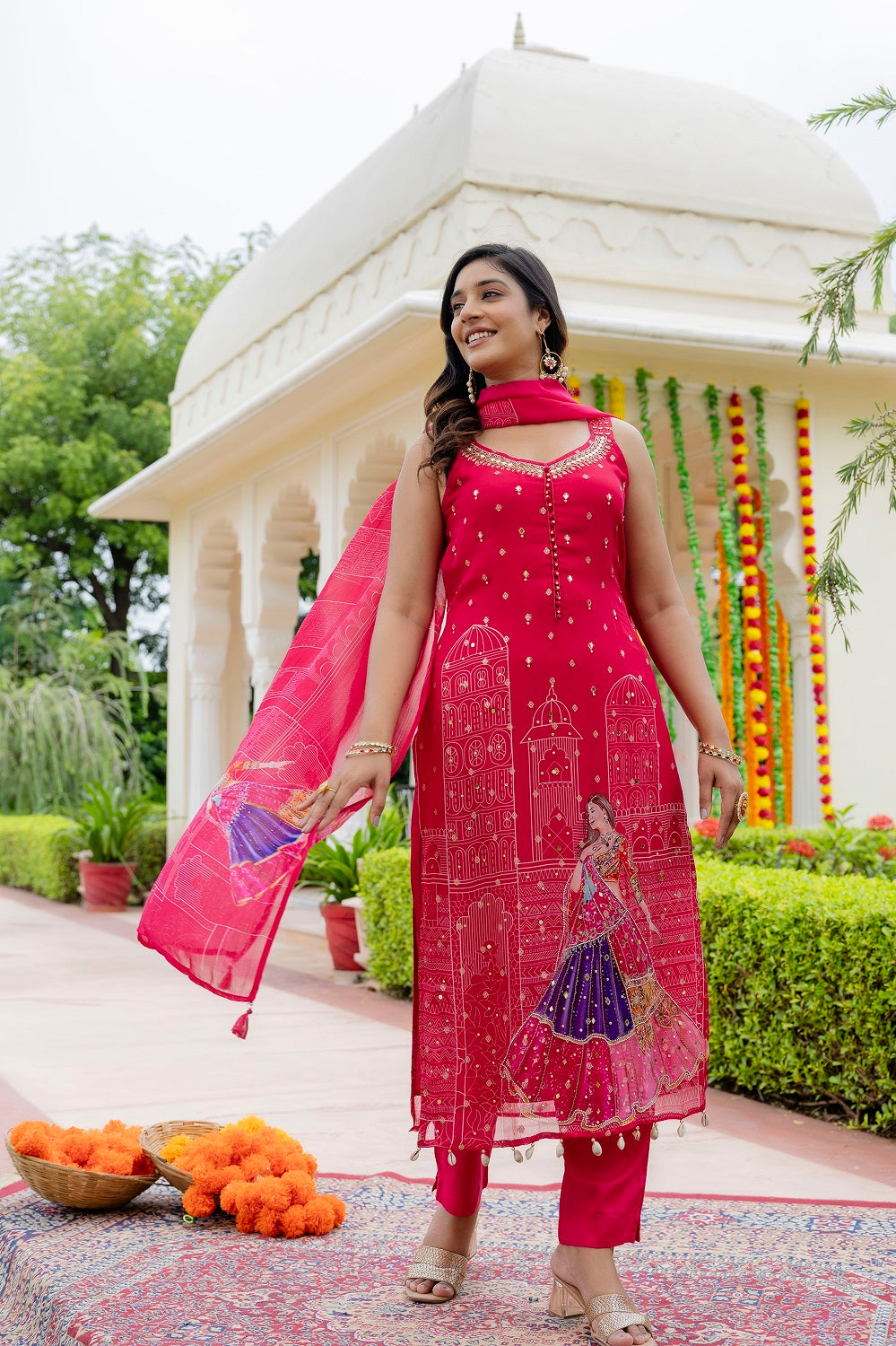 Rani Pink Organza Printed Kurti 3 Pieces Set