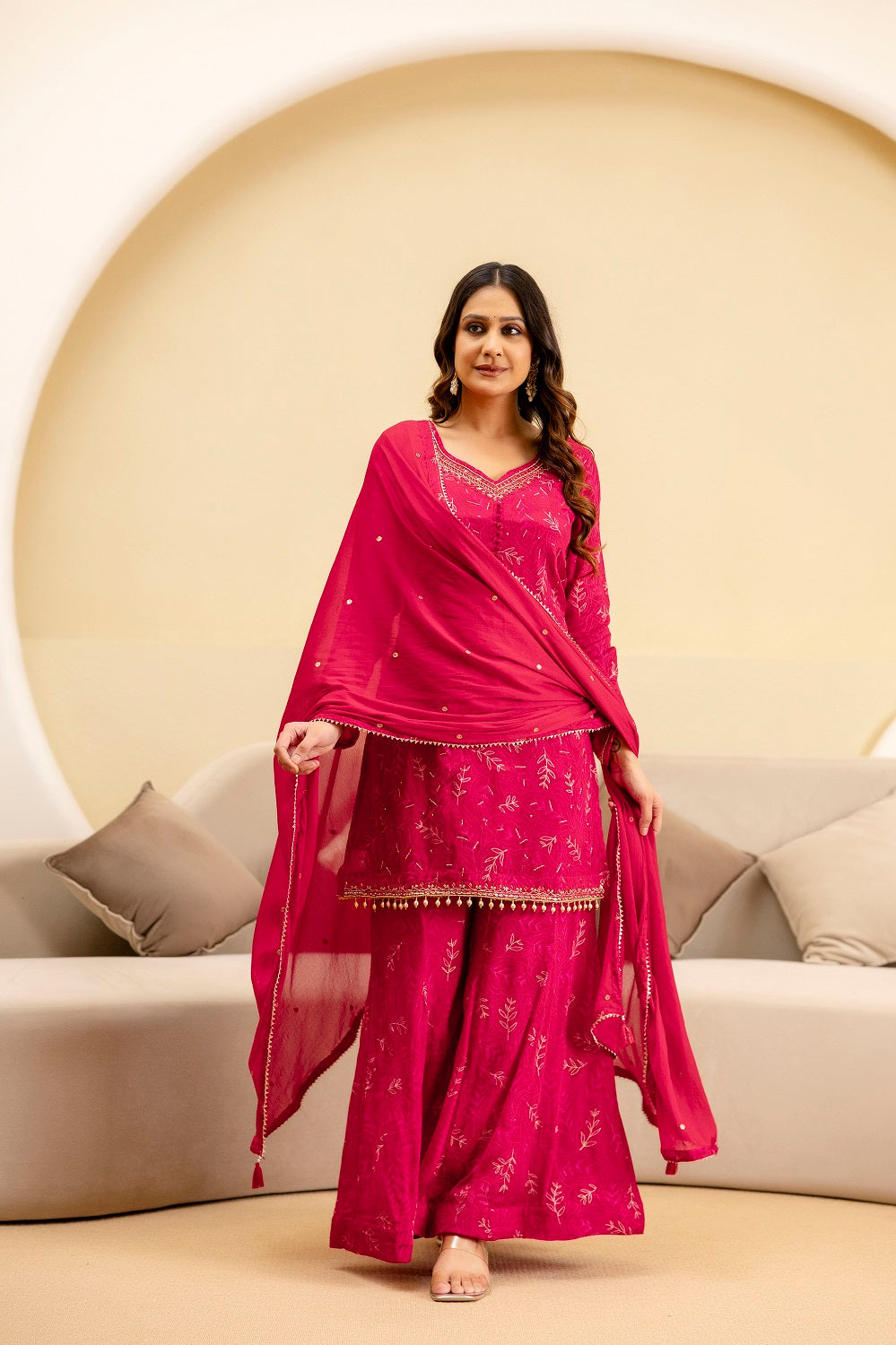 Dark Pink Chinon Short Kurti 3 Pieces Set