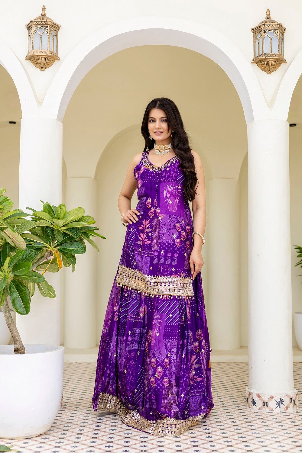 Purple Chinon Skirt Kurti 3 Pieces Set