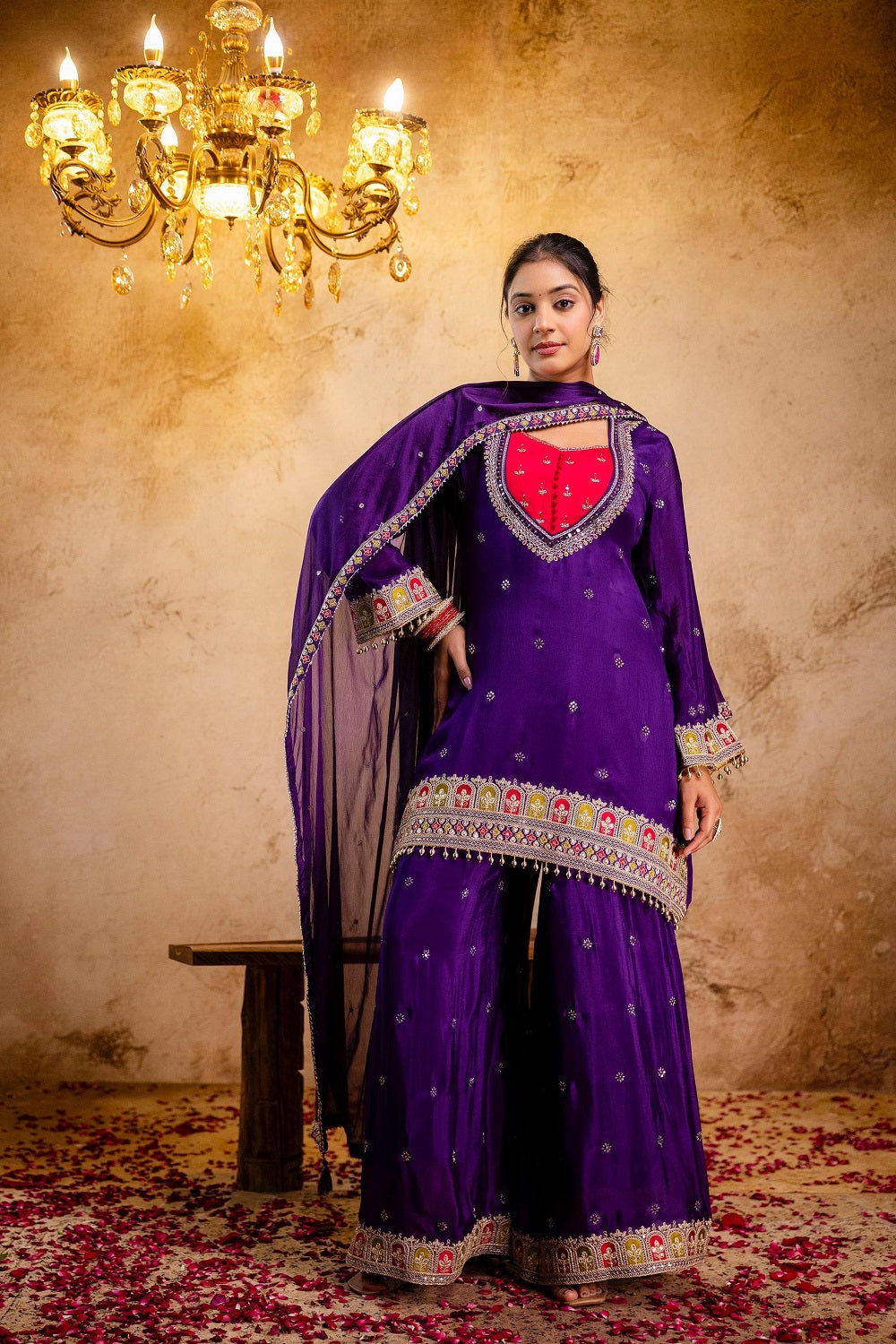 Violet Chinon Kurti Plazo 3 Pieces Set