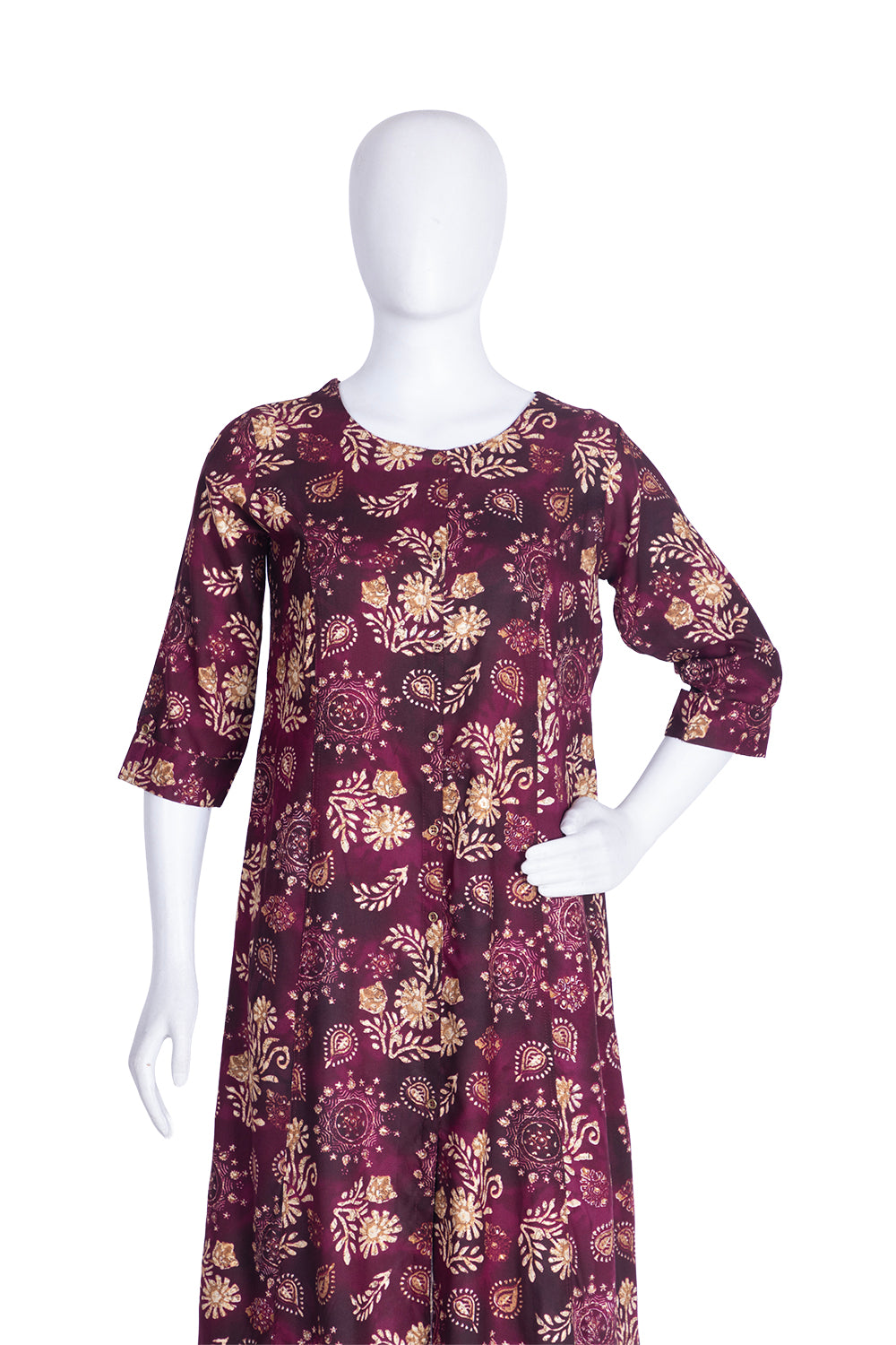 Dark Wine Rayon A-Line Printed Kurti