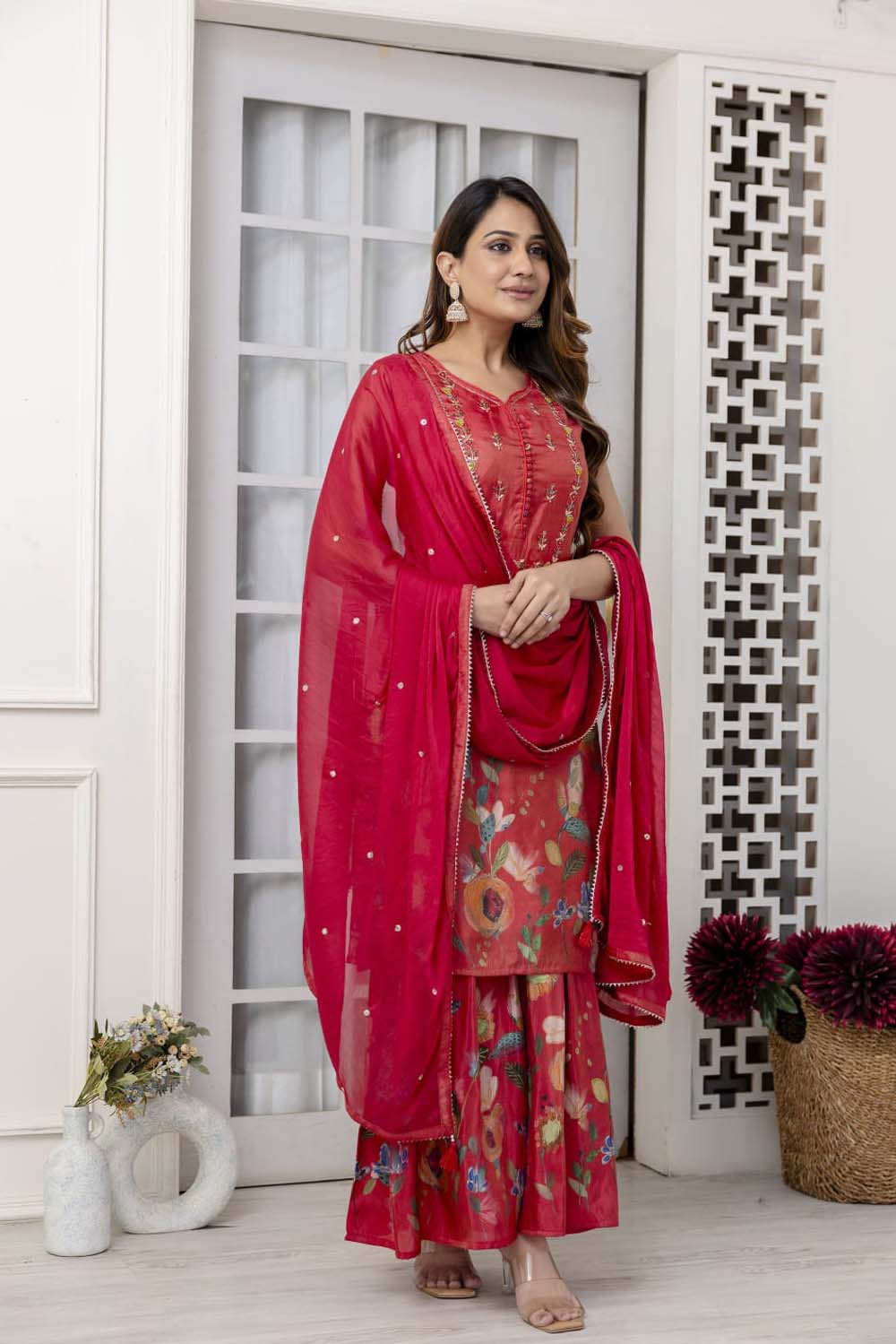 Kaira Bright Tomato Pink Poplon Kurti Plazo Dupatta Set