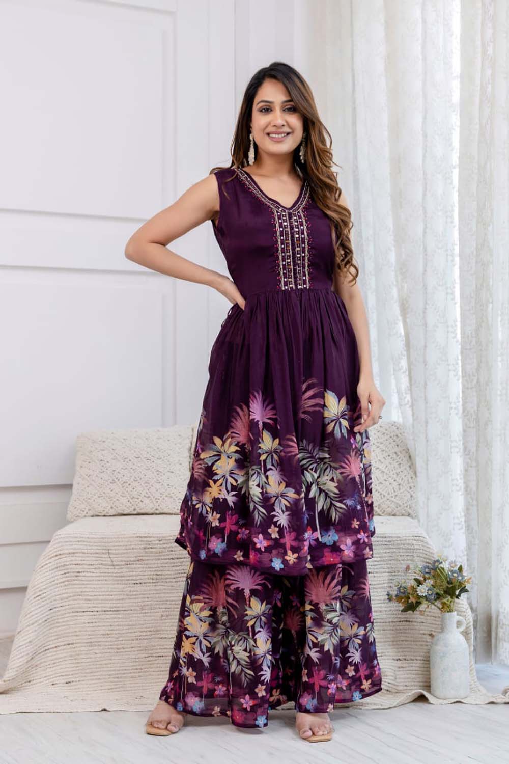 Kaira Dark Wine Partyqueen Poplon Kurti Plazo Dupatta Set