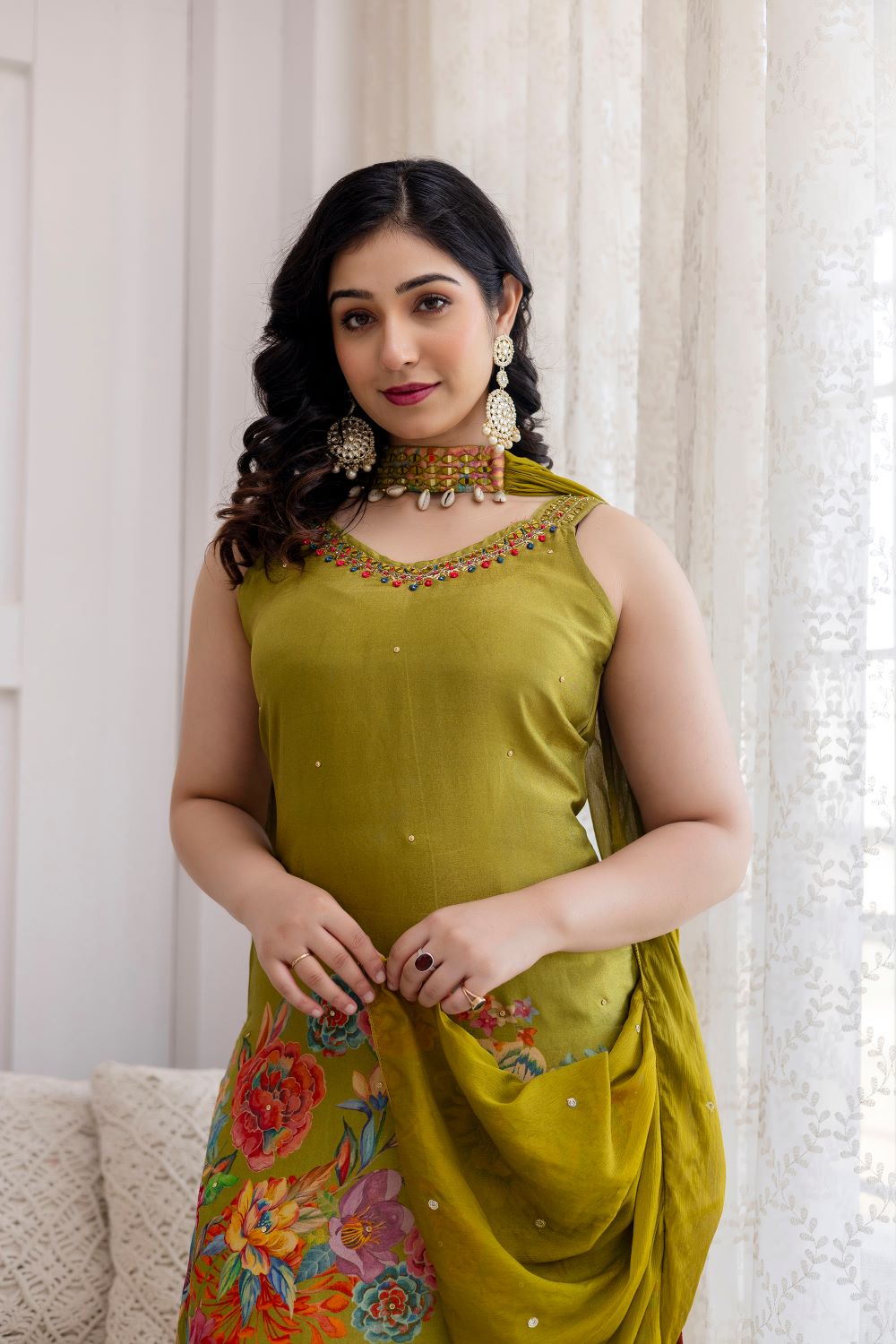 Light Green Strap Kurti With Dhoti And Dupatta