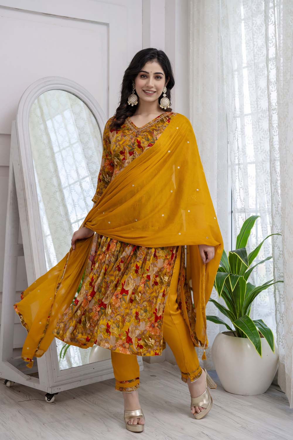 Kaira Mustard Naira Cut Kurti Pant Dupatta Set