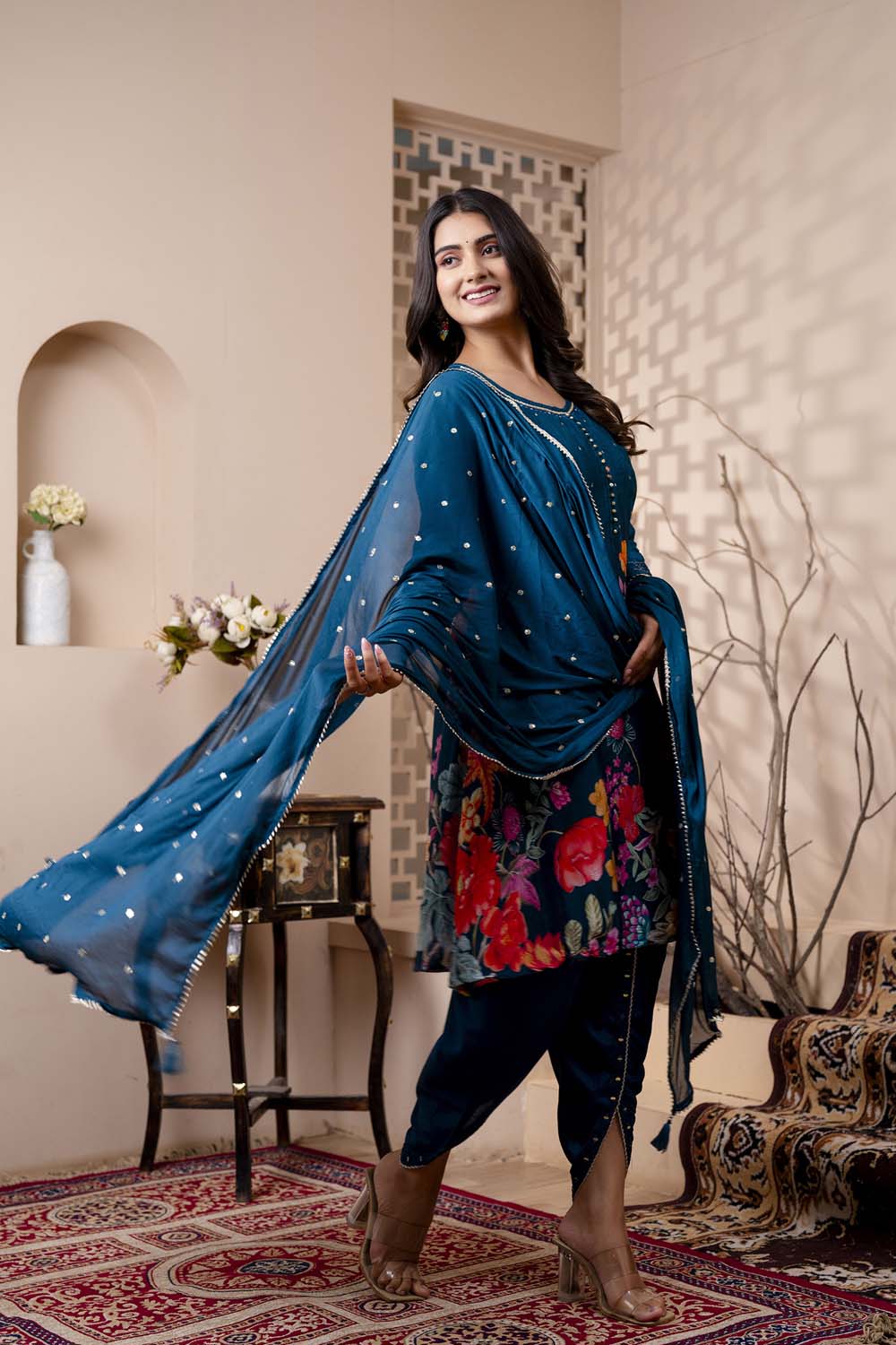 Kaira Partyqueen Till Blue Kurti Dhoti With Dupatta Set
