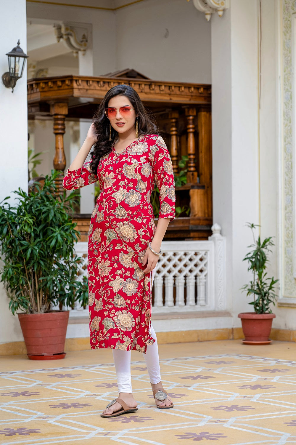 Red Printed Partyqueen Straight Cut Kurti
