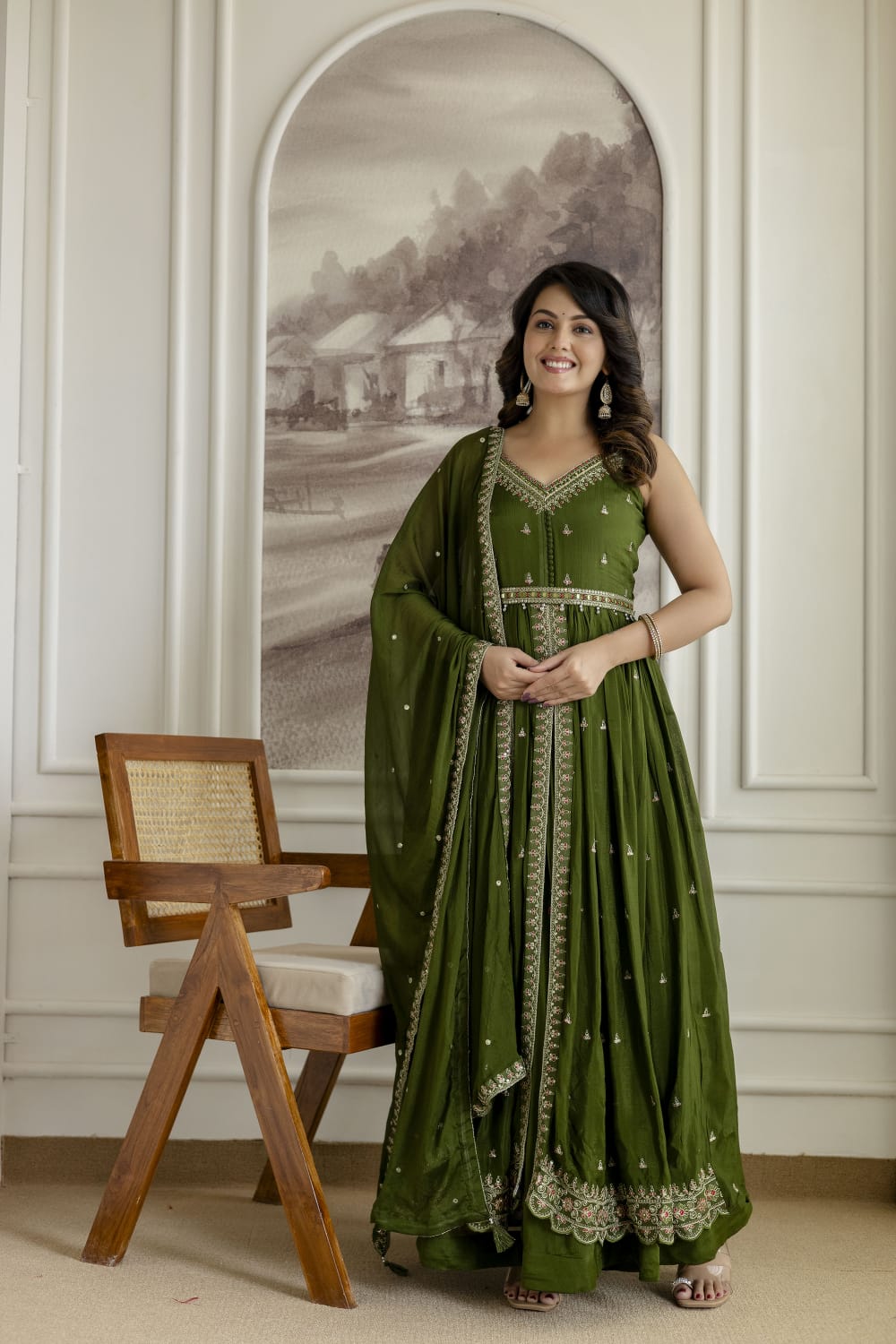 Mehandi Green Chinon Kurti 3 Pieces Set