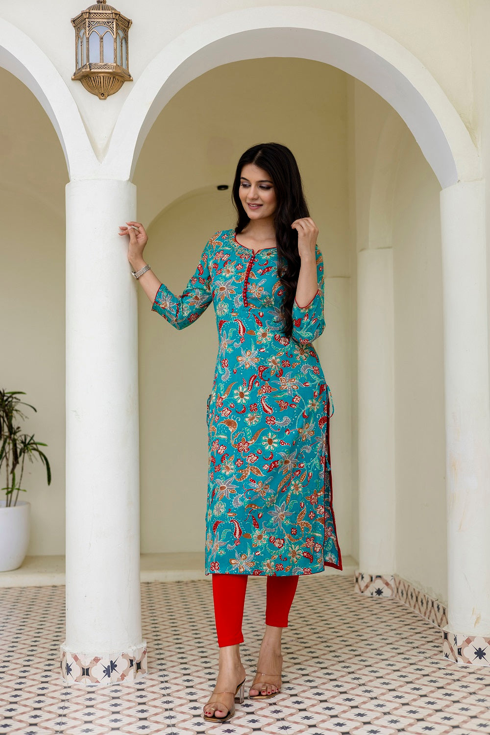 Rama Green Rayon Printed Straight Kurti