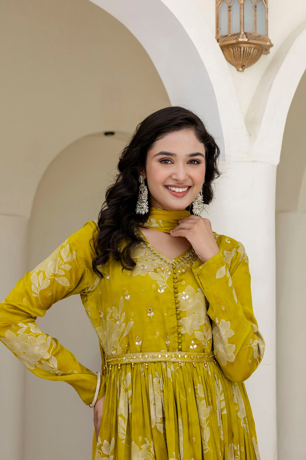 M Green Chinon Frock Kurti 3 Pieces Set