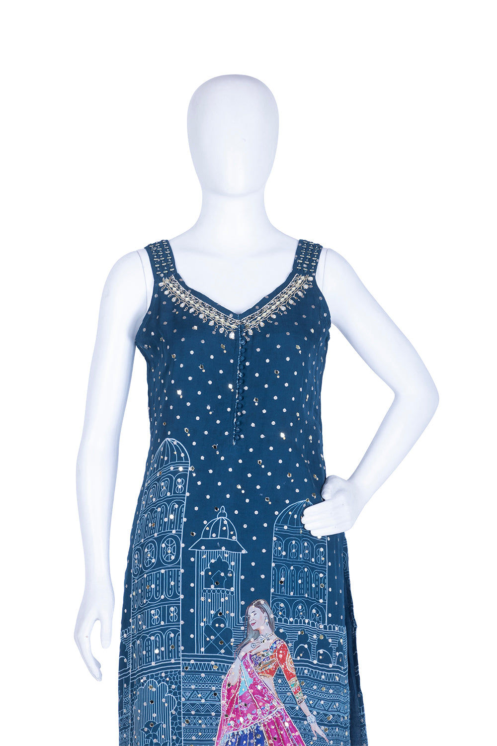 Peacock Blue Chinon Kurti Pant 3 Pieces Set