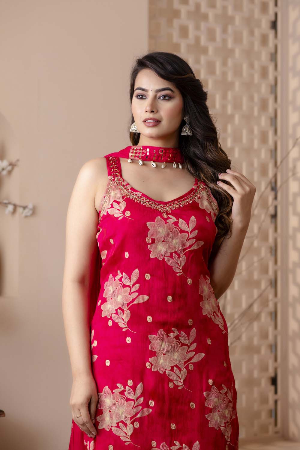 M Pink Chinon Strap Kurti 3 Pieces Set