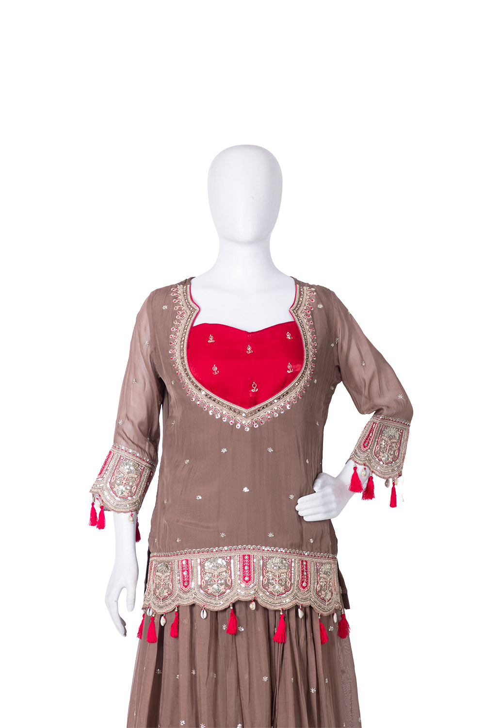 Brown Chinon Skirt Kurti 3 Pieces Set