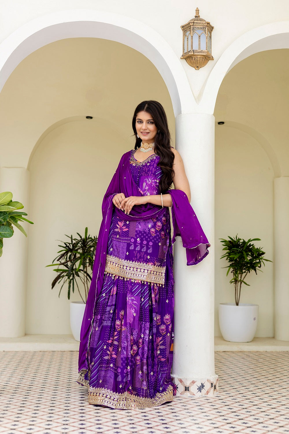 Purple Chinon Skirt Kurti 3 Pieces Set