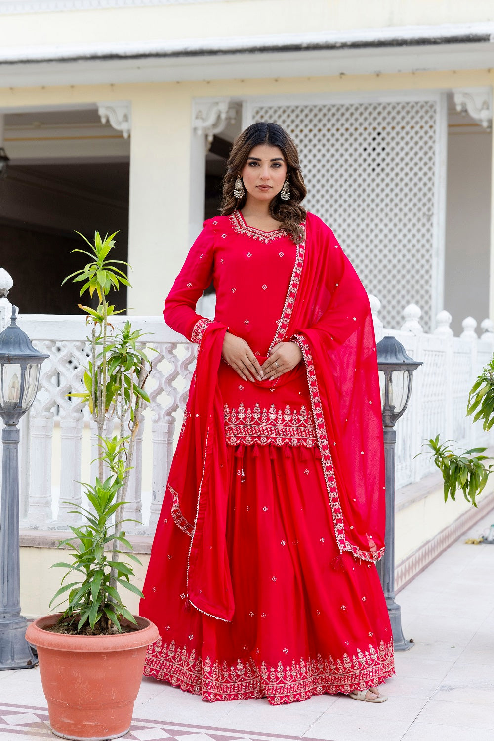 Rani Pink Chinon Skirt Kurti 3 Pieces Set