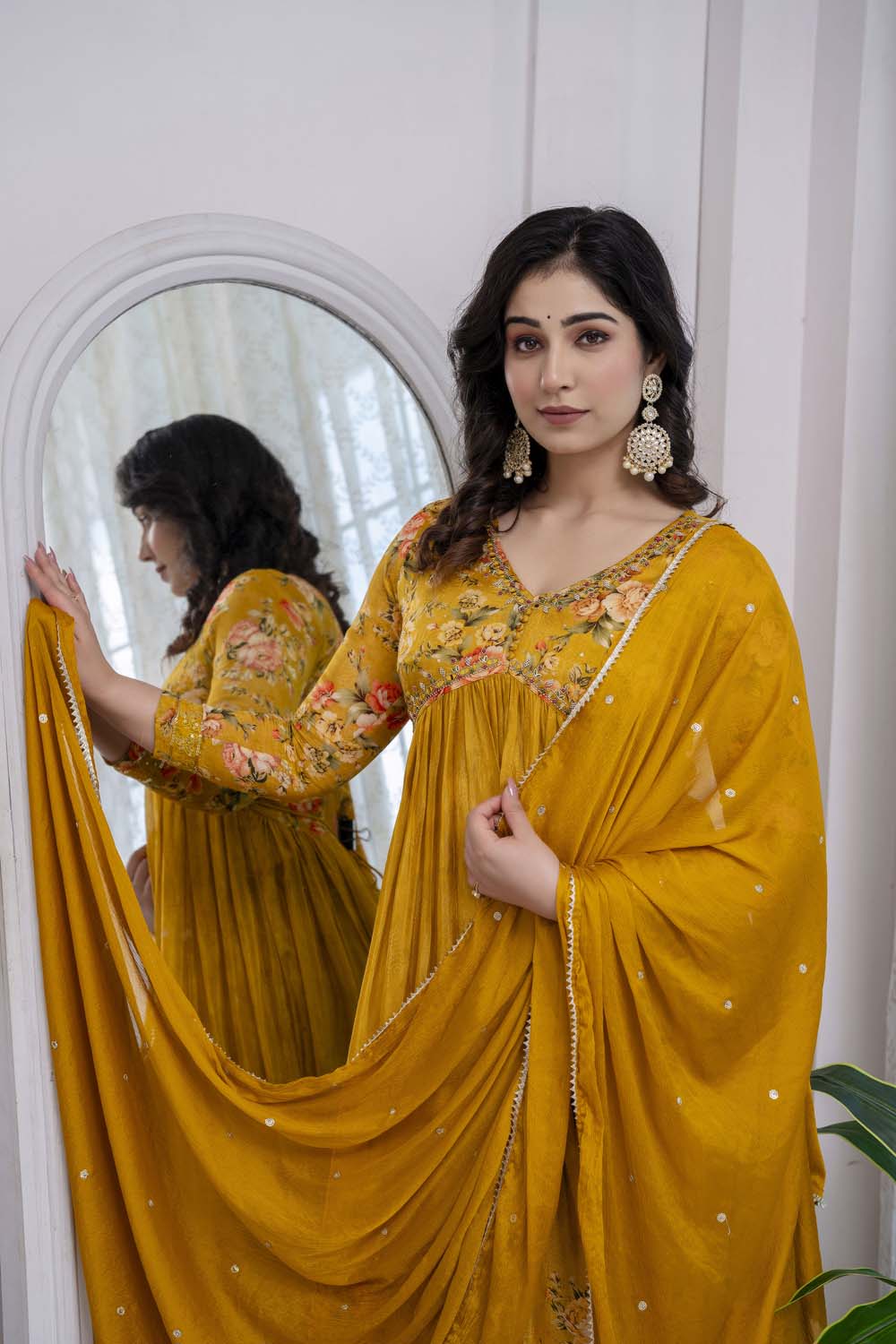 Mustard Chinon Aliya Cut Kurti 3 Pieces Set