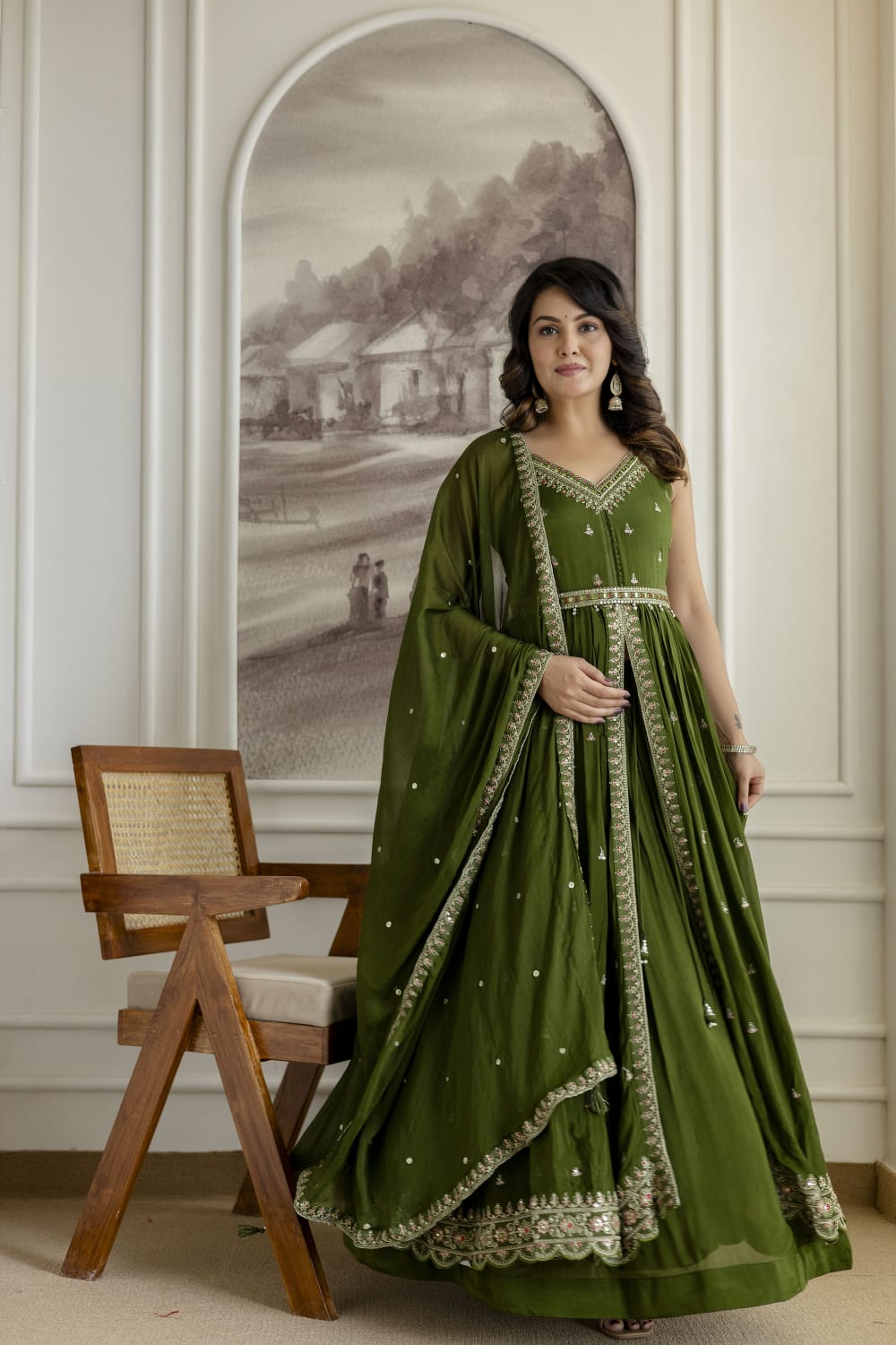 Mehandi Green Chinon Kurti 3 Pieces Set