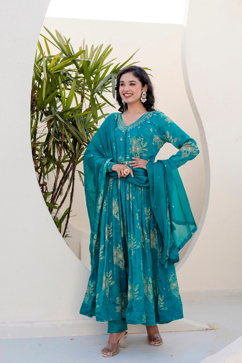 Rama Green Chinon Frock Kurti 3 Pieces Set