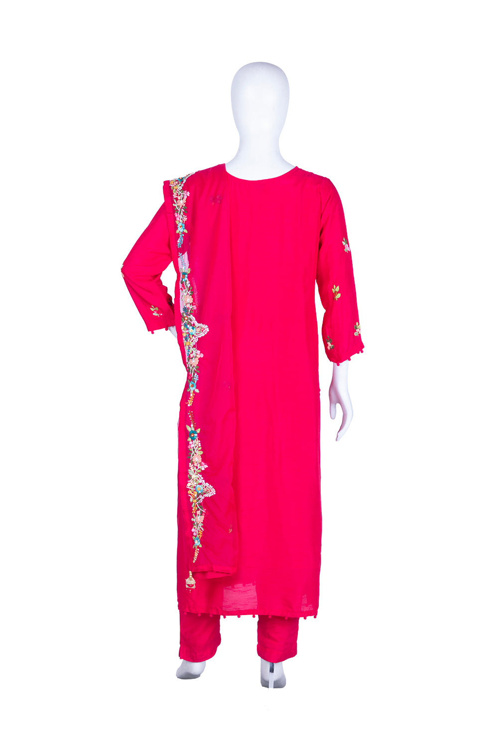 Rani Pink Silk Kurti Pant 3 Pieces Set