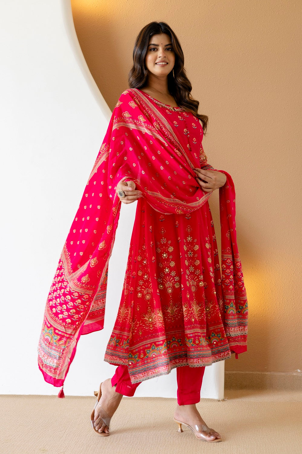 Rani Pink Crepe Frock Kurti 3 Pieces Set