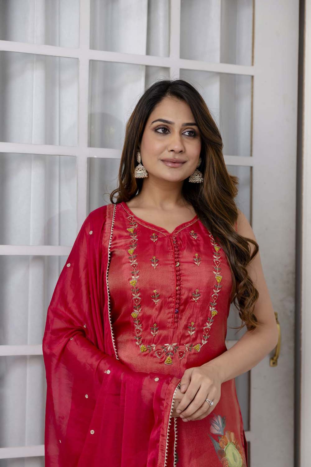 Kaira Bright Tomato Pink Poplon Kurti Plazo Dupatta Set